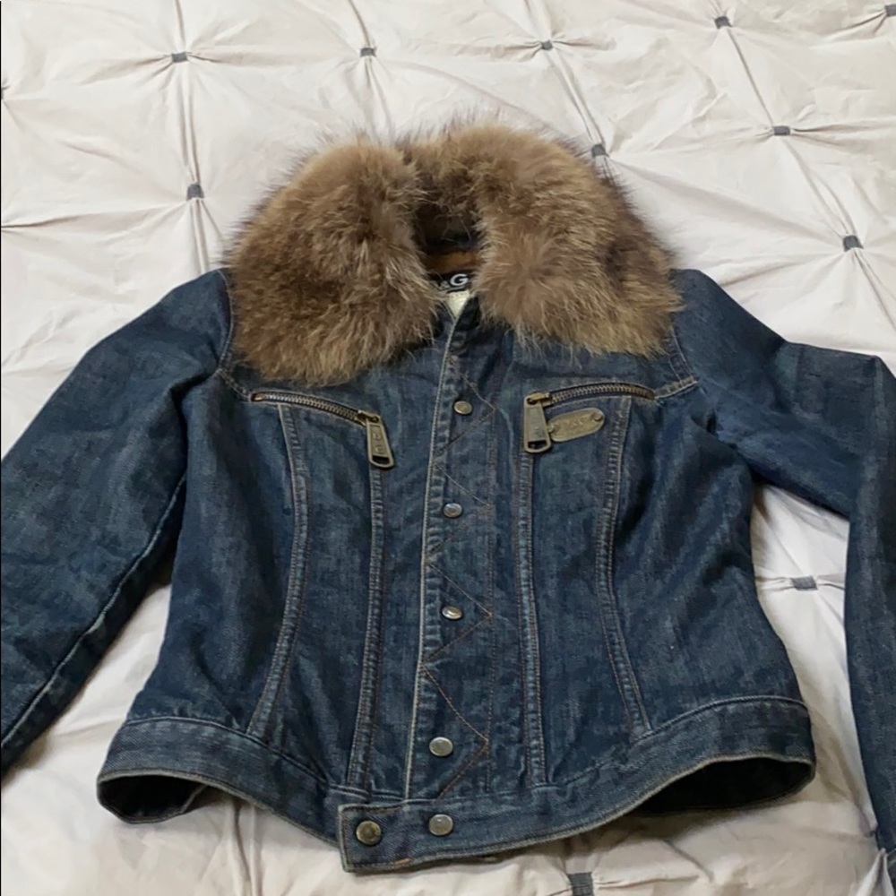 D&G (Dolce & Gabbana) Vintage denim jacket with genuine fur detachable collar.